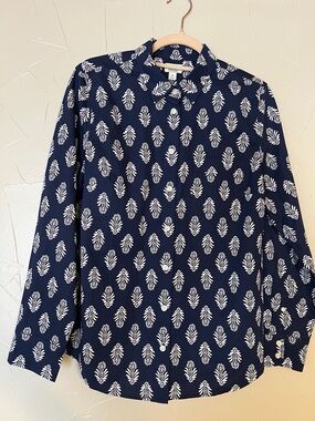 J.Crew Blue White Block Print Button Down Shirt Medium Cotton Blend